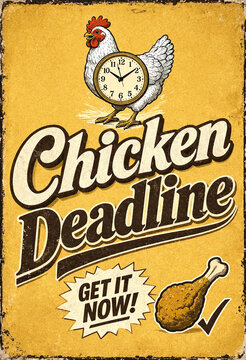 Vintage poster featuring a chicken with a clock promoting a fun fried chicken deadline concept