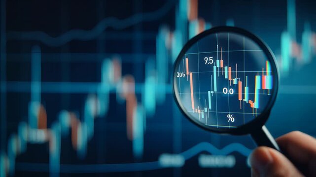 Close-up examination of stock market candlestick chart with magnifying glass over falling trend, showcasing financial data analysis and investment strategy, symbolizing recession, research