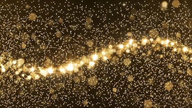Abstract golden glitter particles flowing in waves on black background