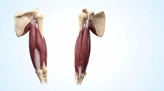 Anatomical study of human triceps brachii muscle and shoulder joint structure in a detailed 3D medical visualization on blue gradient background