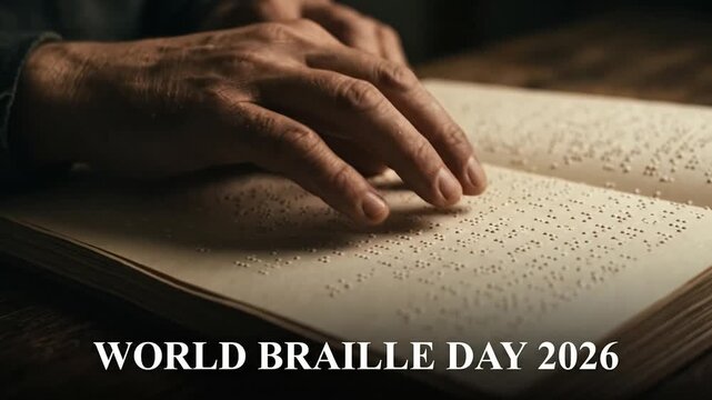 Person reading a Braille book with fingers touching embossed paper text