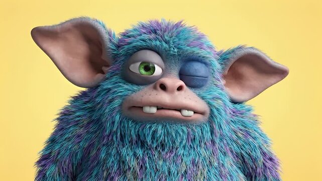 Cute blue furry monster character blinking and looking around