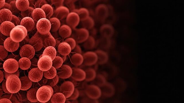 Microscopic view of red bacteria cells multiplying under dark background.