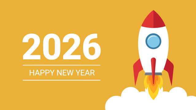 Festive vector illustration featuring a launching rocket celebrating the upcoming new year twenty twenty six season