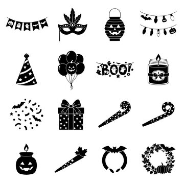 Halloween party icons set, spooky celebration symbols, jack o lantern, masquerade mask, bat garland, wicked witch hat, trick or treat pumpkins, black and white vector graphics for design