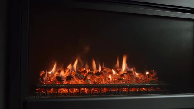 Glowing ember bed with visible yellow orange flames inside modern recessed fireplace insert, creating warm radiant heat, textured metal surround, cozy luxury interior ambience