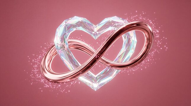 3d render of a faceted crystal heart intertwined with a metallic rose gold infinity symbol against a soft pink background