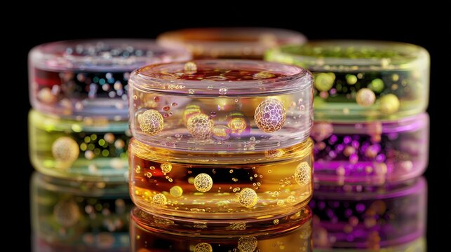 Colorful petri dishes with glowing cellular spheres on dark background, 3D render
