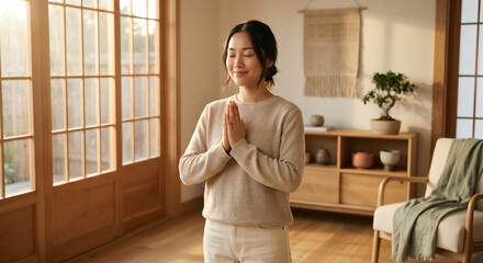 Fototapeta premium Woman meditating indoors, prayer pose, serene atmosphere, natural light