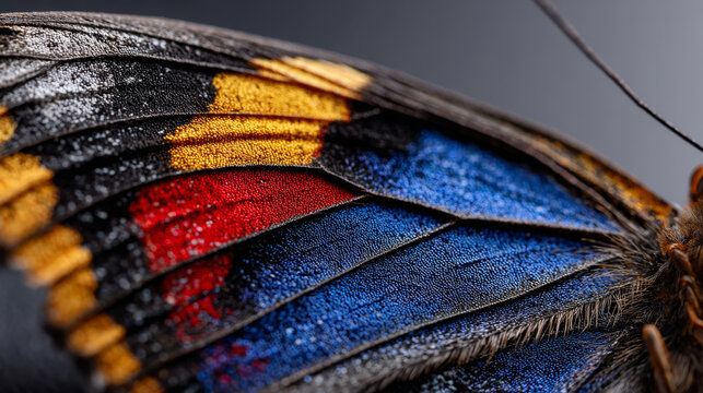 Vibrant, colorful butterfly wing reveals astounding macro detail. Intricate patterns of blue, red, yellow scales display nature profound beauty. Closeup shows fascinating texture and animal form