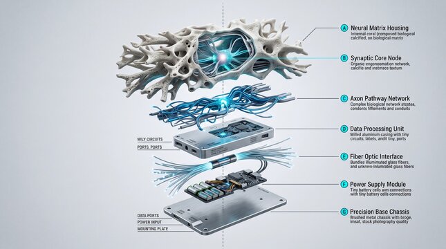 Exploded view diagram of a bio-mechanical device with coral housing and electronic components