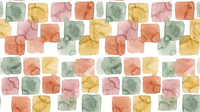 Seamless watercolor pattern of colorful squares on white background