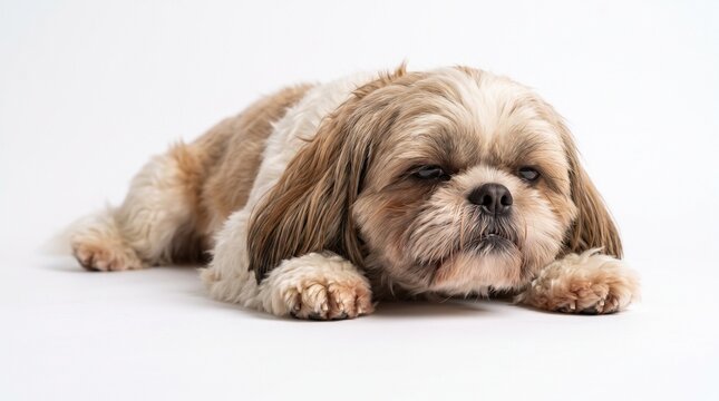 small shih tzu dog lying down on the floor looking at camera
