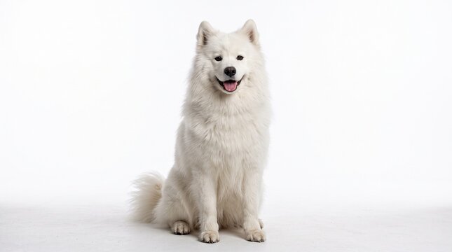 fluffy white samoyed dog sitting and looking at the camera