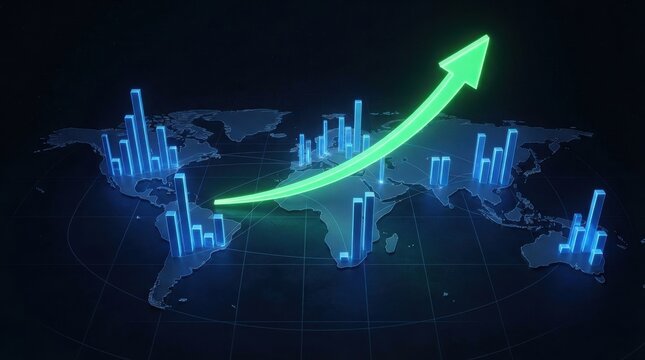 Global business growth represented by glowing blue city skyline bar charts on a world map with upward arrow