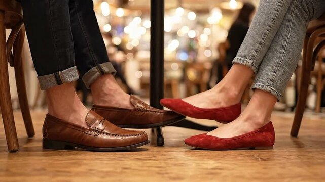 Woman playfully nudging mans foot under a restaurant table