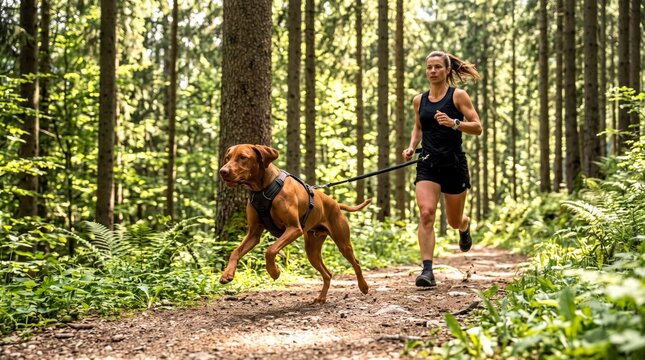 Dog woman run forest trail leash harness outdoors exercise sport