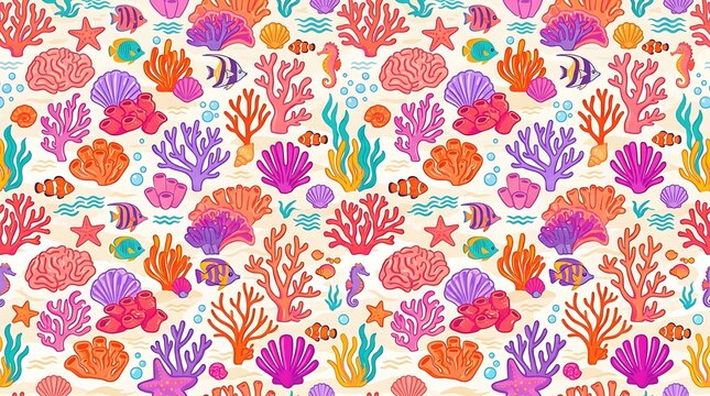 Vibrant underwater ocean life with corals shells and tropical fish
