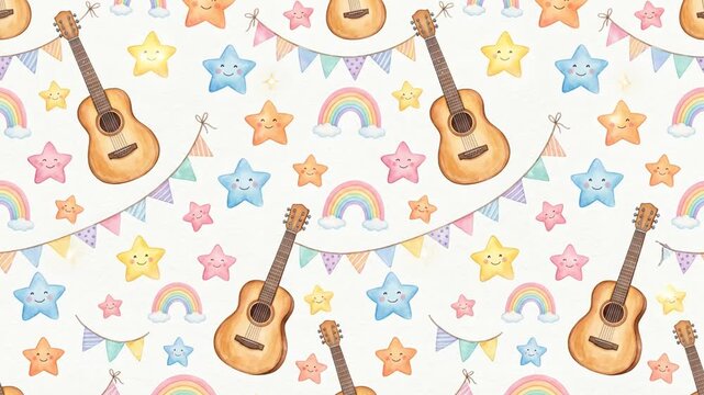 Seamless Pattern with Watercolor Guitars Rainbows and Smiling Stars