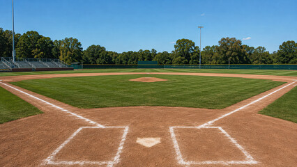 Naklejka premium Empty baseball field with green grass, dirt infield, and surrounding trees under a clear blue sky.