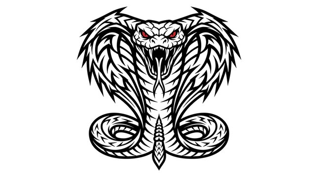 Fierce tribal cobra snake head illustration featuring sharp black lines and vibrant red eyes on white background