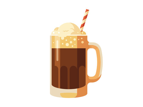 Refreshing root beer float vector illustration featuring a cold glass mug filled with dark carbonated beverage topped with creamy vanilla ice cream scoops and a decorative red striped drinking straw
