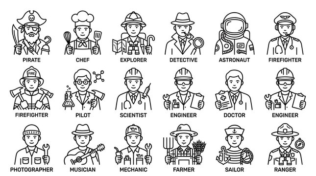 Various professional workers and diverse career avatars displayed as clean outline icons on white background