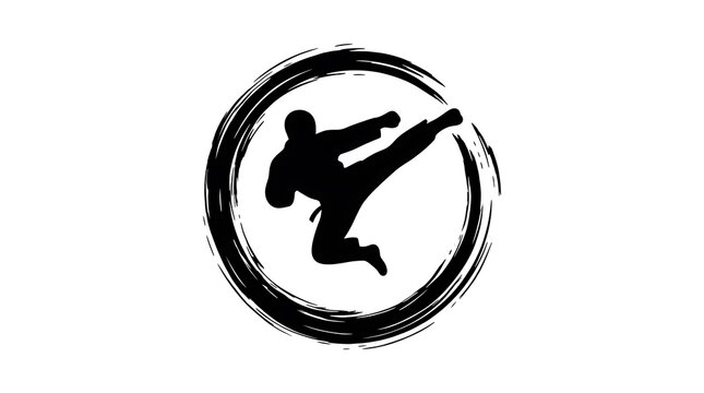 Karate fighter silhouette performing a high jump kick inside a black brush circle on white background