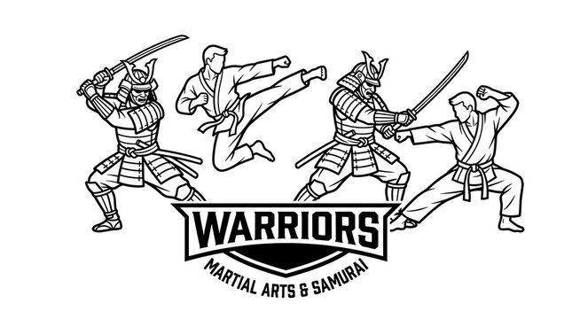 Skilled samurai warriors and martial arts fighters depicted in bold black line art on white background