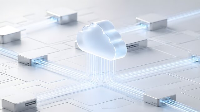 Glowing glass cloud icon connected to silver blocks via fiber optic lines. Concept of secure cloud computing infrastructure, fast data center, and digital network synchronization.