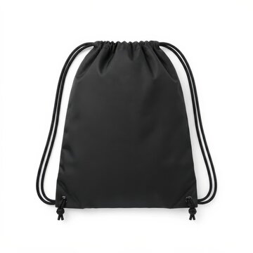 Empty black drawstring backpack on white background