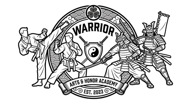 Karate fighters and samurai warriors emblem featuring bold ink lines design style on white background