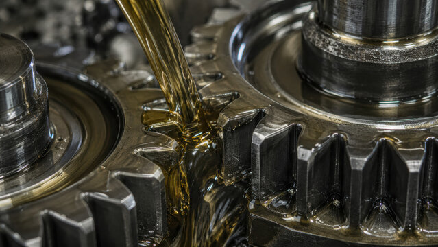 Close-up of metal gears lubricated with oil, showing detailed mechanical parts and fluid motion for smooth operation and reduced friction.