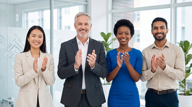 Portrait of a happy diverse business team clapping hands in a bright modern corporate office