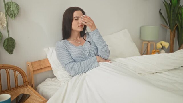 Woman on bed clasping hands at chin and looking up with occasional facepalm and pinched nose gestures in bedroom building; worry reflection.