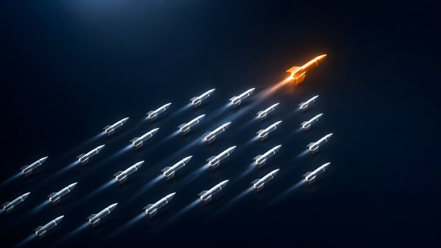 Glowing golden rocket leading a group of silver rockets in space. Concept of bold corporate leadership, visionary business strategy, and competitive advantage.