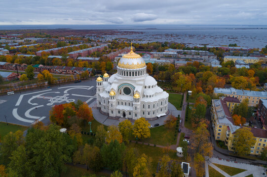 The Naval Cathedral of St. Nicholas the Wonderworker on a cloudy October day (aerial photo). Kronstadt, Russia
