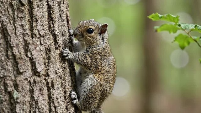 Wild gray squirrel alertly clinging to a tree trunk in the forest