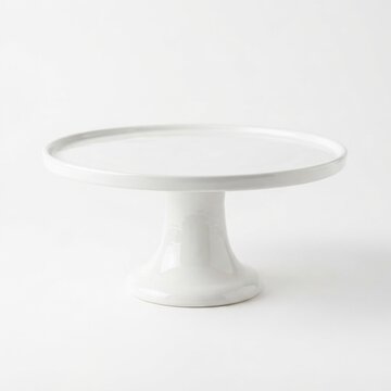 Empty white ceramic cake stand on plain background