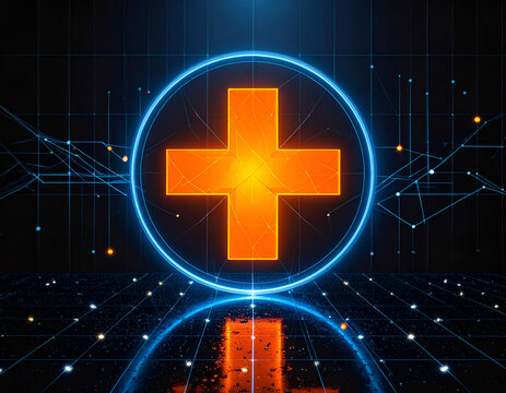 Digital Health Technology Plus Symbol Glowing Neon Blue Circle.