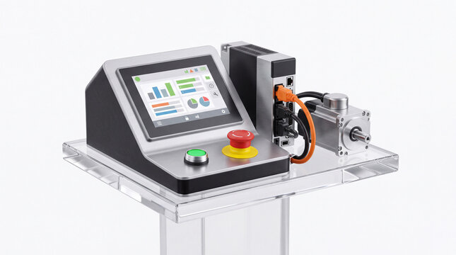 Industrial Motion Control System with HMI and Servo Drive on White Background