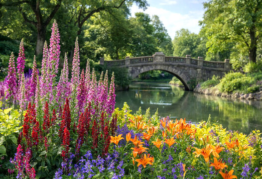 Beautiful garden scene with colorful flowers and a charming stone bridge over calm water