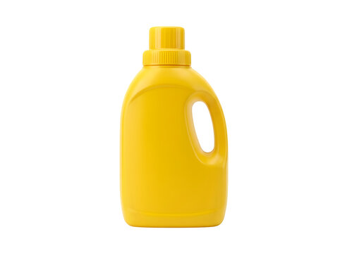 Yellow plastic laundry detergent bottle for cleaning supplies isolated on transparent background