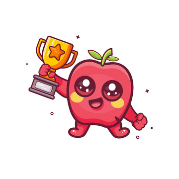 Cute red apple holding golden trophy mascot cartoon illustration. Winner, champion, and victory concept.