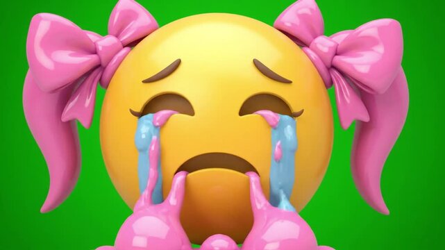 Crying Girl Emoji with Pink Pigtails Screaming Tears on Green Screen. 4K Video