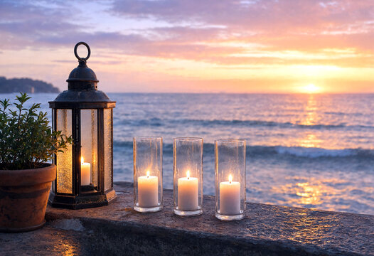 Beautiful sunset over the ocean with lit candles and lantern creating a peaceful ambiance