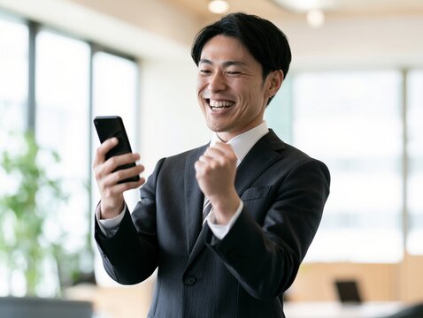 スマートフォンを見ながら、成約の喜びでガッツポーズをするビジネスマン