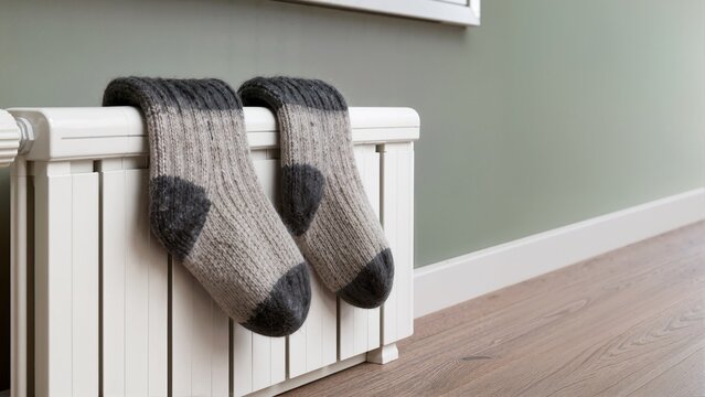 Thick wool socks drying on a white radiator. Knitted winter socks warming on a heating pipe. Cold weather comfort and home heating concept
