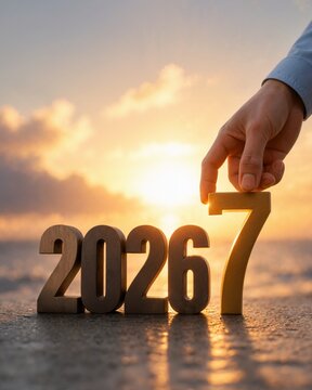 Hand placing the number 7 next to 2026 on a beach at sunset. Person changing the year to 2027. New year transition and future planning concept