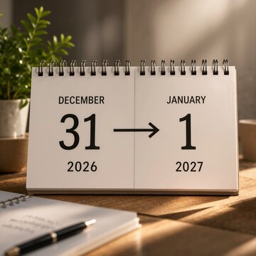 Desk calendar showing the date transition from December 31 2026 to January 1 2027. Spiral planner with pen and notebook on a wooden table. New Year business planning and time management concept